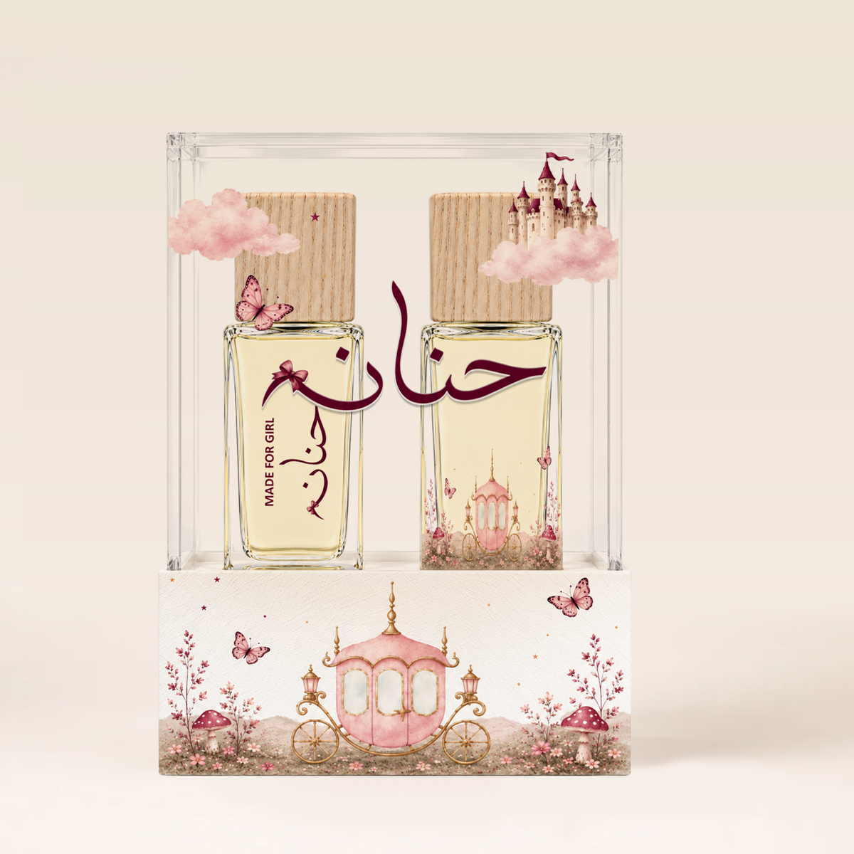 Personalized Twins Perfume Box for girl with 2 × 20 ml perfumes, leather base and raised 3D name